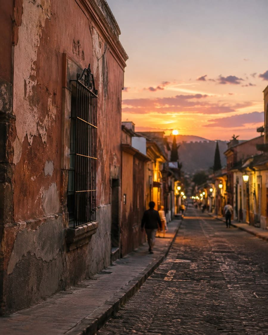 Calle colonial al atardecer en San Cristóbal