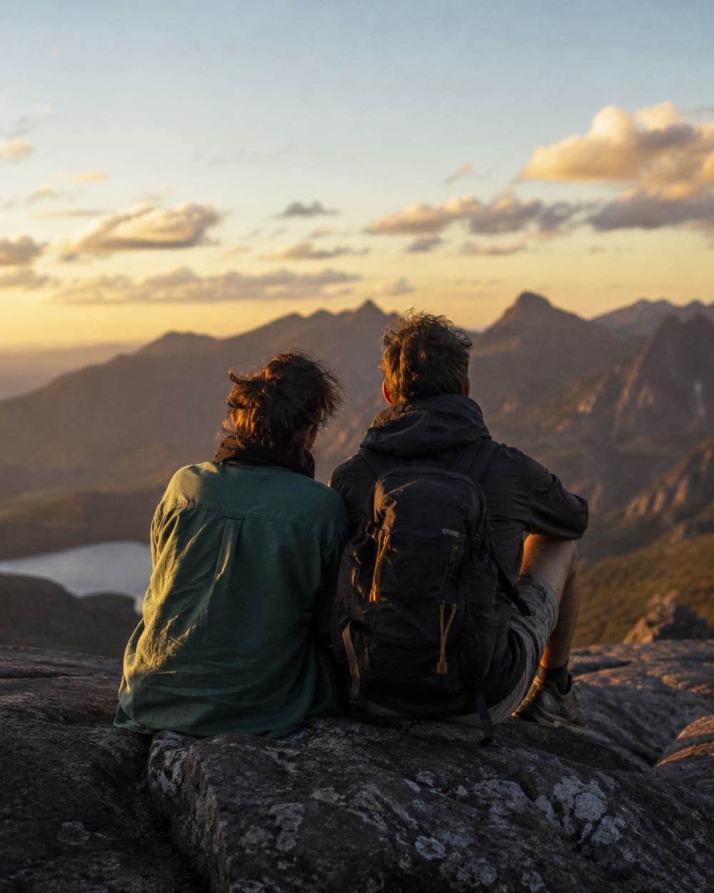 Pareja viendo un paisaje de montaña al atardecer