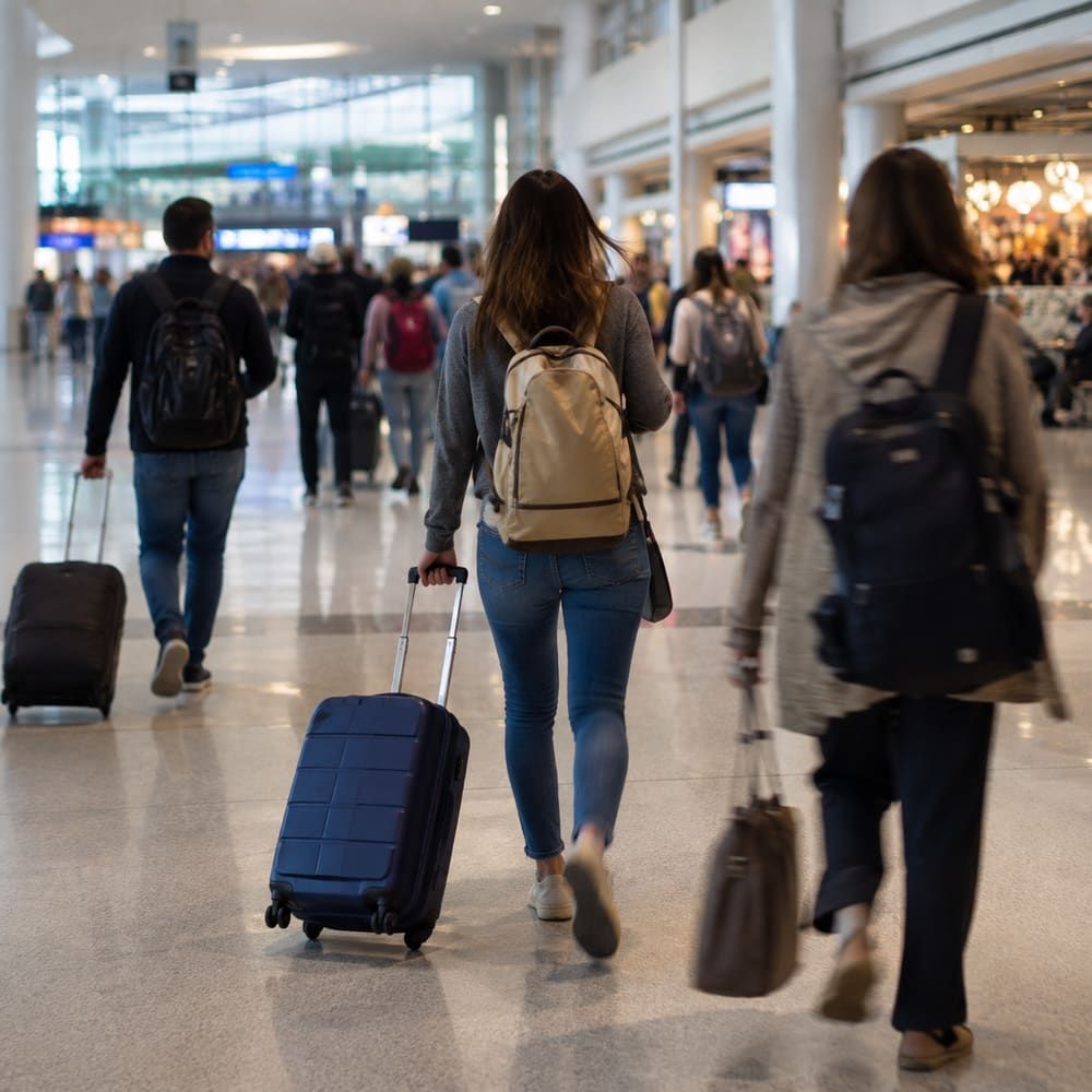 Viajeros caminando por una terminal de aeropuerto